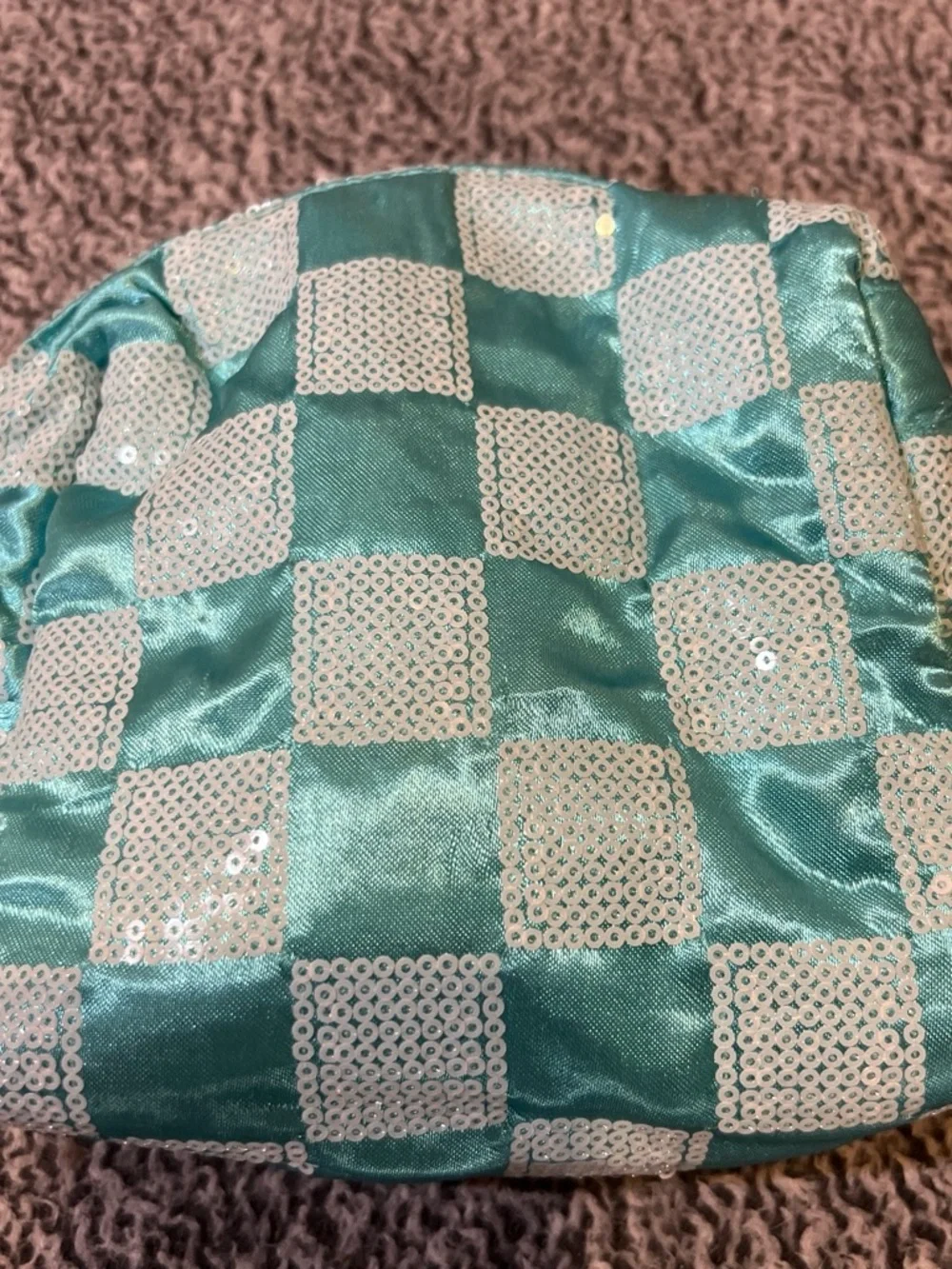 Ulta Teal and Aqua Sequin Checker + Clinique Blue Patch Cosmetic Pouches